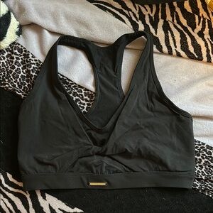 Black V-Neck Sports Bra with Ruched Front